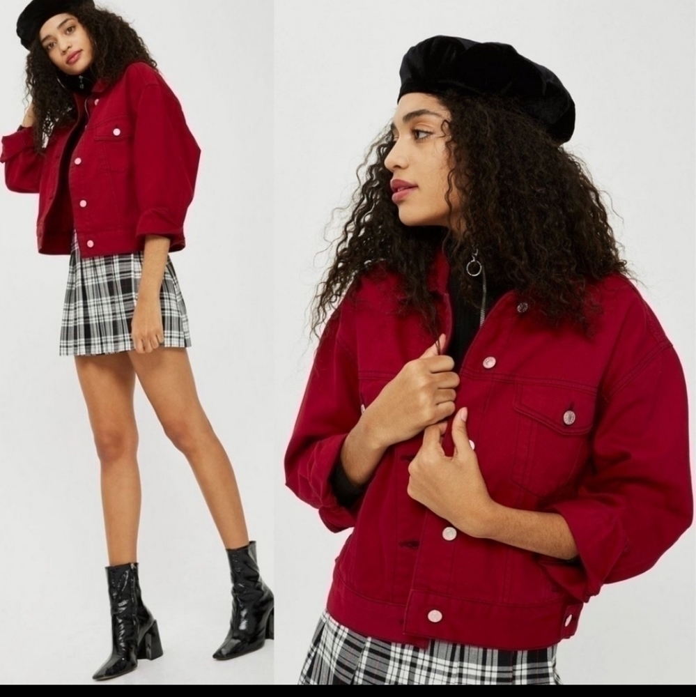 𝅺topshop‎ MOTO Red Boxy Denim Jacket
